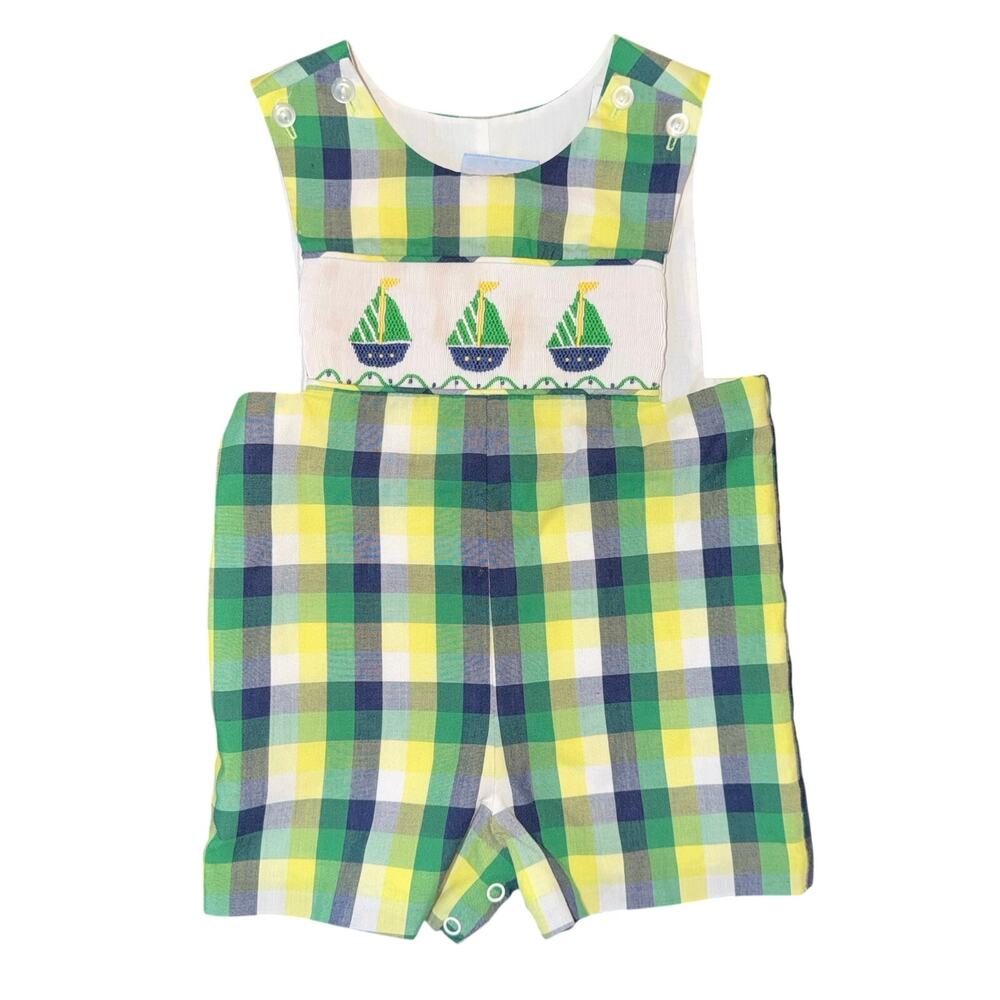 Three Sisters Baby Boys Smocked Sailboat Romper Plaid One Piece Green Yellow 3M